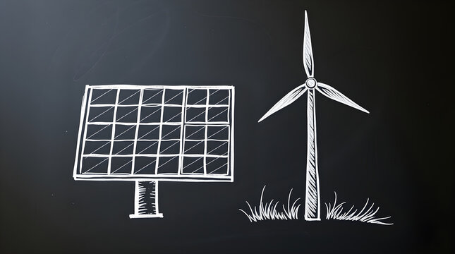 Solar panel and wind turbine symbolizing renewable energy drawn on blackboard