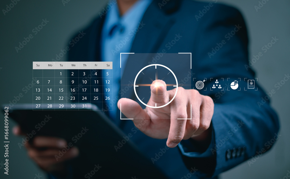 Poster using digital time management and scheduling interface with calendar and task icons on virtual scree