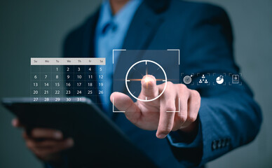 using digital time management and scheduling interface with calendar and task icons on virtual screen, symbolizing productivity, planning and organization in modern digital workflow.