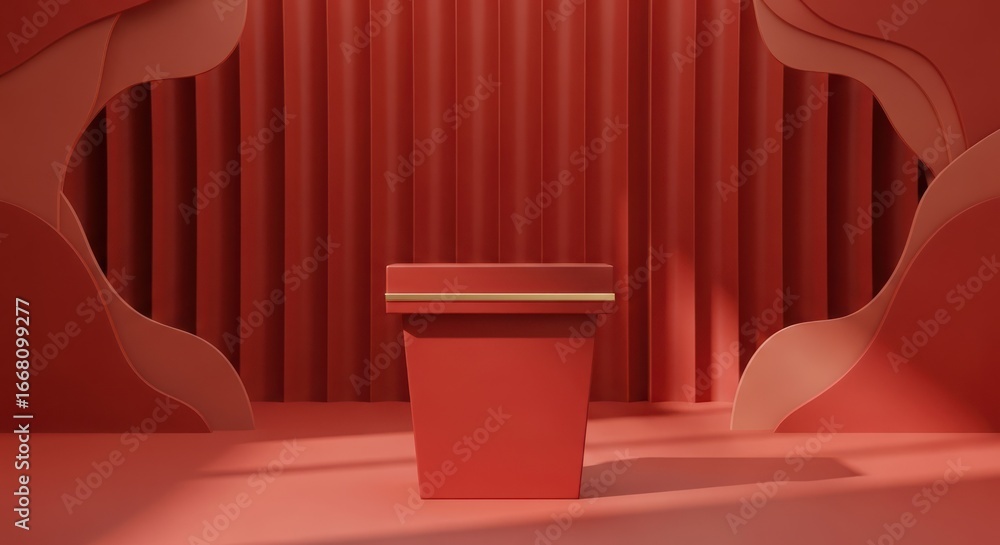 Poster 3d illustration of minimalist red podium with gold accent in a studio setting with draped red curtai