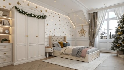 Photoreal Seattle contemporary kids room in luxury classic European design featuring string fairy lights and warm white with gold trim palette
