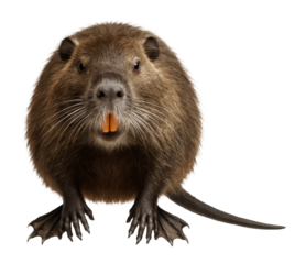 Nutria with webbed hind feet, orange incisors, and shaggy brown coat