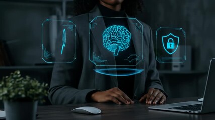 A Black businesswoman intuitively engages with artificial intelligence, using a holographic interface to analyze data and ensure cybersecurity in a modern office. - Powered by Adobe