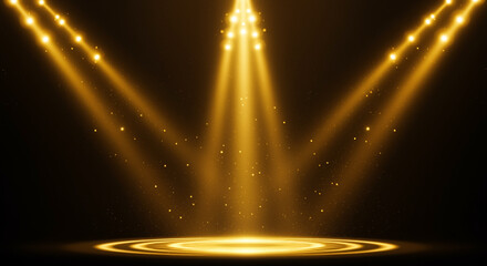 Golden spotlight shining down with glowing dust particles creating a magical atmosphere for awards stage and festive celebration backgrounds abstract design elements