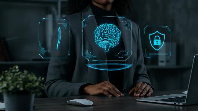A Black businesswoman intuitively engages with artificial intelligence, using a holographic interface to analyze data and ensure cybersecurity in a modern office.