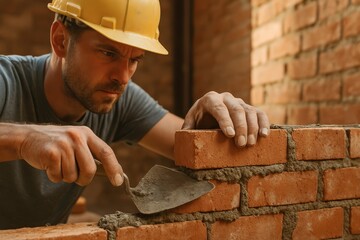 Construction worker laying bricks with trowel at building site.