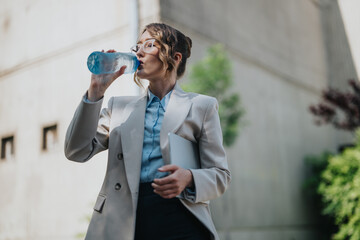 Businesswoman dressed in a suit drinks water from a bottle outdoors, holding a folder. This image...