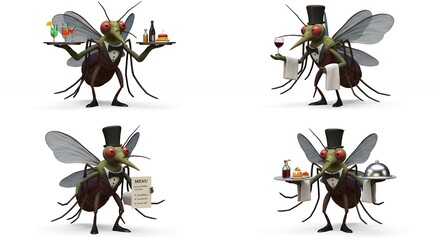 Cartoon mosquitoes waiters serving food and drinks