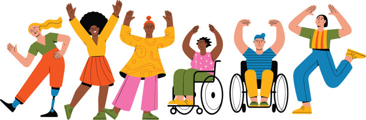 Diverse inclusive group of people with disabilities celebrating, smiling, dancing, prosthetic leg, wheelchair users, unity, empowerment, diversity, accessibility, joy.