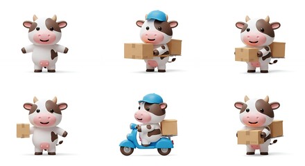 Cute cartoon cows delivering packages
