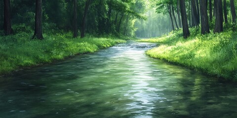 Obraz premium Calm river meanders through vibrant greenery under soft afternoon light in a tranquil forest setting