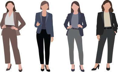 Four confident businesswomen wearing stylish suits, standing professionally, leadership, corporate fashion, teamwork, female empowerment, office environment, modern business attire.