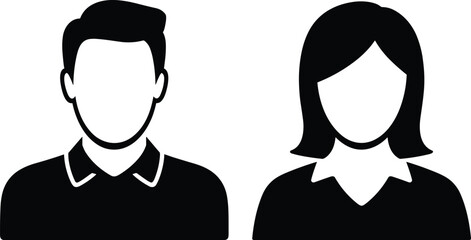 Male and female avatar icons, black and white silhouette, profile placeholders, user interface symbols, minimalistic design, generic faces.