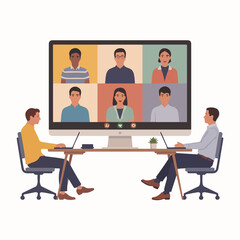 Two people in a video conference with six participants on a large computer screen on a white background