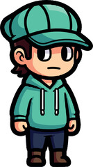 Cartoon Boy in Teal Hoodie and Newsboy Cap.