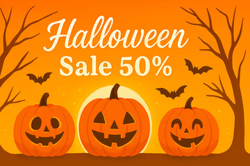 Halloween sale event promotion with pumpkins and bats for online marketing and social media posts