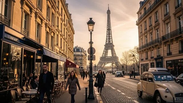 Parisian Street Scene with Eiffel Tower in Background.