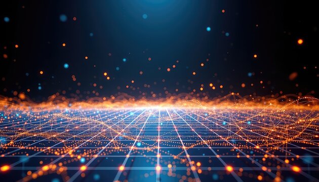 Interconnected network grid with glowing orange and blue particles conveying technology and data flow against a dark gradient background