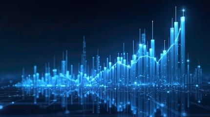 Futuristic financial data visualization with glowing blue line graphs and vertical bar chart, Abstract financial chart with rising graphs