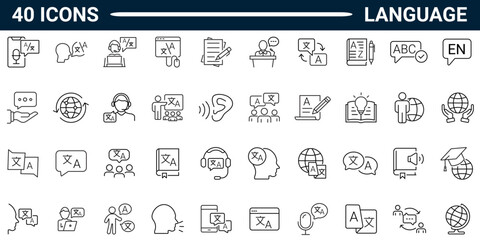 Language set of web icons in line style. Translation and communication linear icon collection. Containing translate, writing, speech, dictionary, text, language. Editable stroke. © ricky_and
