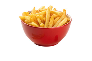 Bowl of golden french fries in red ceramic dish, crispy fried potato sticks, isolated on a transparent background