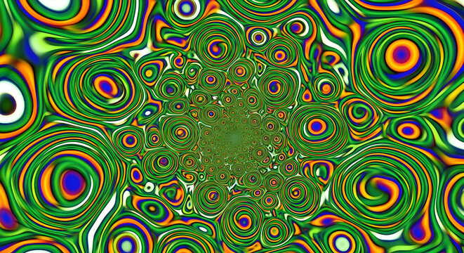 Vibrant Green Psychedelic Swirls of Concentric Circles Abstract Background.