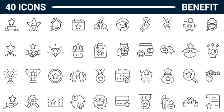 Benefit set of web icons in line style. Exclusive benefits linear icon collection. Containing reward, bonus, loyalty, star, winner, award, prize, incentive, reward and more. Editable stroke