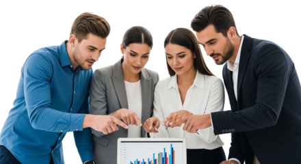 Four business people collaborating over a laptop displaying a bar graph in a bright setting
