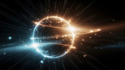 Obraz premium Digital energy sphere glowing with bright neon blue and orange light