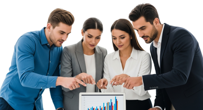 Four business people collaborating over a laptop displaying a bar graph in a bright setting - Powered by Adobe