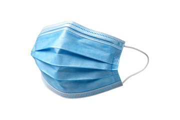 Blue disposable surgical mask with elastic ear straps and three-layer protection design, isolated on a transparent background