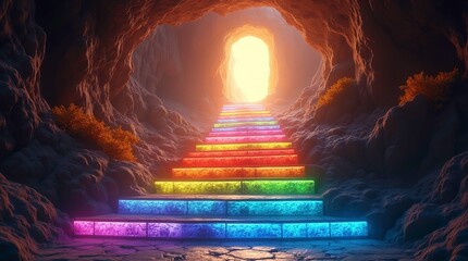 Vibrant staircase made of glowing rainbow-colored tiles ascending into a bright Tunnel