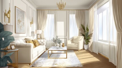 Interior scene showing a stylish living room with natural light and elegant furnishings