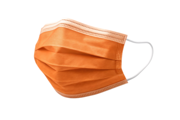 Orange disposable surgical mask with white elastic straps and pleated nonwoven fabric material, isolated on a transparent background