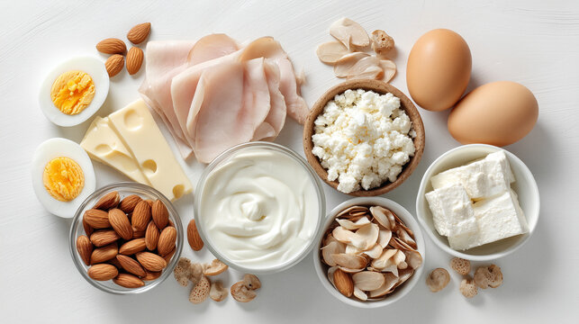 Proteinreiche Lebensmittel im Flatlay &ndash; Eier, Joghurt, Magerquark/Skyr, H&uuml;ttenk&auml;se, Feta, K&auml;se, Mandeln und magerer Gefl&uuml;gelaufschnitt auf wei&szlig;em Hintergrund; gesunde Ern&auml;hrung, Muskelaufbau, Low‑Carb