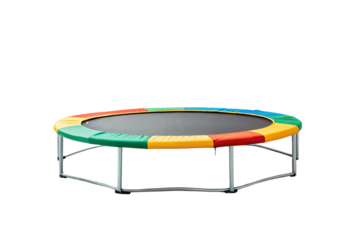 Colorful mini trampoline with rainbow padding around black jumping surface and silver metal frame, isolated on a transparent background