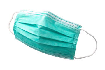 Teal green disposable medical mask with pleated design and standard white elastic ear loops, isolated on a transparent background