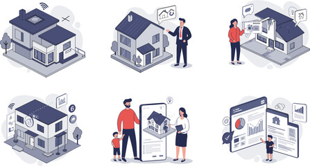 Smart home technology, property inspection, real estate analytics, online home search, digital housing market, family house sale and maintenance service.