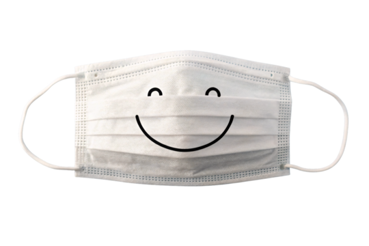 White medical face mask with simple black smiley face drawn on front surface, isolated on a transparent background