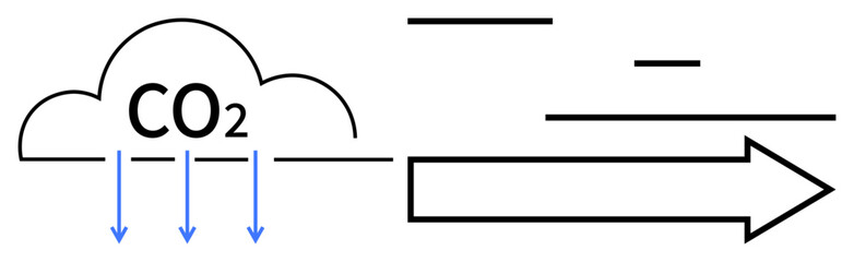 Obraz premium Cloud labeled CO2 with blue downward arrows symbolizing carbon release and a large forward arrow representing progress or mitigation. Ideal for sustainability, energy, innovation, climate change