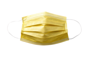 Yellow disposable face mask with pleated design and white elastic ear straps attached, isolated on a transparent background