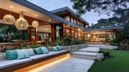 Obraz premium Modern architectural residence with elegant outdoor seating and lush landscaping in serene evening light