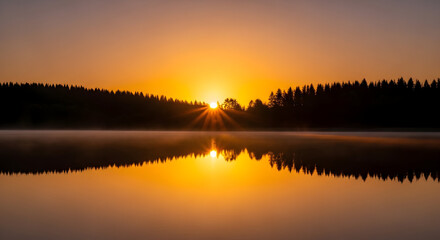 Obraz premium Golden Sunrise Reflection over Calm Lake and Forest.