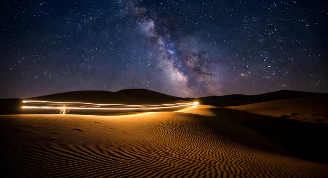 Desert Night Light Trails Under Milky Way Galaxy.