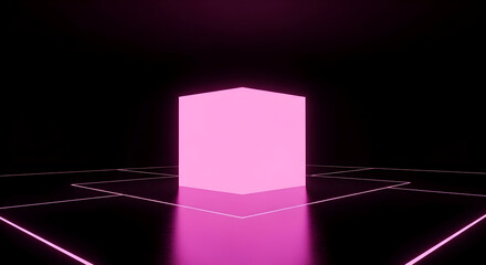 Glowing Pink Cube on a Dark Grid Floor with Neon Light Beams.