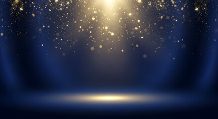 Magical Golden Spotlight on Dark Blue Stage with Falling Sparkles.