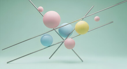 Pastel Spheres and Metallic Rods Abstract Composition.