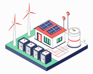 Urban isometric illustration showing sustainable microgrid integrating solar panels, wind turbines, and batteries for energy management.