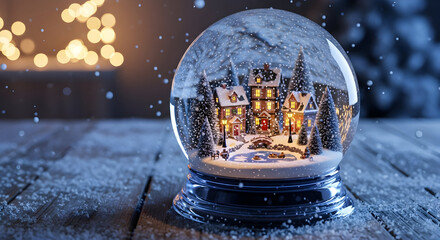 Magical Christmas snow globe with a miniature winter village scene on a rustic wooden table with bokeh lights.