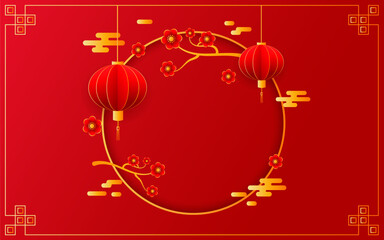 Chinese New Year template background with golden lanterns and blossoms and circular frame. Vector for greeting cards, invitations and festive banners.